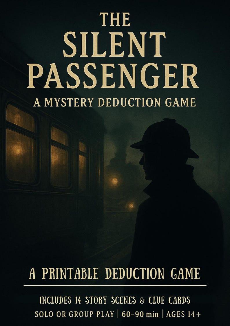 K&ouml;nnte beinhalten: Das Cover des Mystery-Deduktionsspiels The Silent Passenger. Das Bild hat eine dunkle, Vintage-&Auml;sthetik mit Text und der Silhouette einer Person mit Hut. Das Spiel beinhaltet 14 Story-Szenen und Hinweiskarten, f&uuml;r Solo- oder Gruppenspiel, und ist f&uuml;r Spieler ab 14 Jahren geeignet.