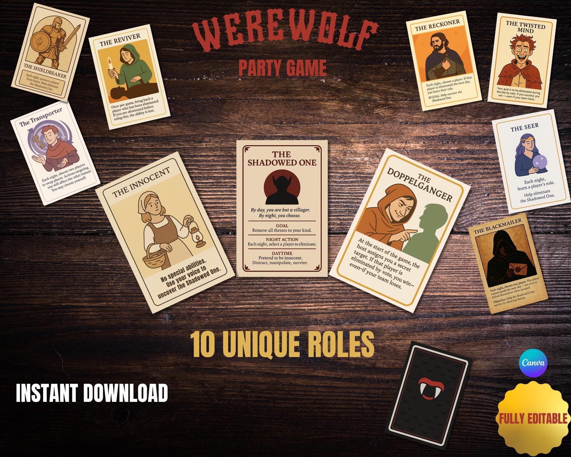 werewolf party game, social deduction card deck (printable