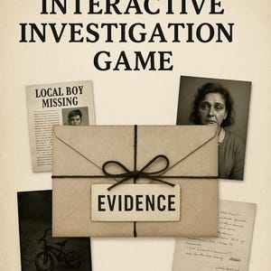 May include: An interactive investigation game with the word "EVIDENCE" on a tag tied to a brown envelope. The image includes a newspaper clipping, photos, and handwritten notes, creating a detective theme.