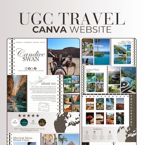 Peut inclure: Conception de site web de voyage avec le texte "UGC TRAVEL CANVA WEBSITE". Le design comprend des sections portfolio, témoignages et contact. Des images présentent des destinations de voyage, des avis clients et des services proposés, dont la vidéo et la photographie UGC. Conçu par Candice Swan.