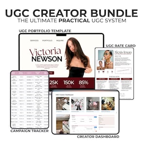Puede incluir: Un paquete digital de creador UGC con el texto "UGC CREATOR BUNDLE" y "THE ULTIMATE PRACTICAL UGC SYSTEM". El paquete incluye una plantilla de portafolio, una tarjeta de tarifas, un rastreador de campañas y un panel de control de creador. La plantilla de portafolio presenta el nombre "Victoria Newson".
