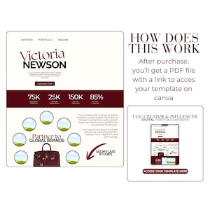 May include: A digital portfolio website template with the name "Victoria Newson" in a maroon and white color scheme. The template includes sections for services, portfolio, and inquiries, along with social media follower counts and a call to action.