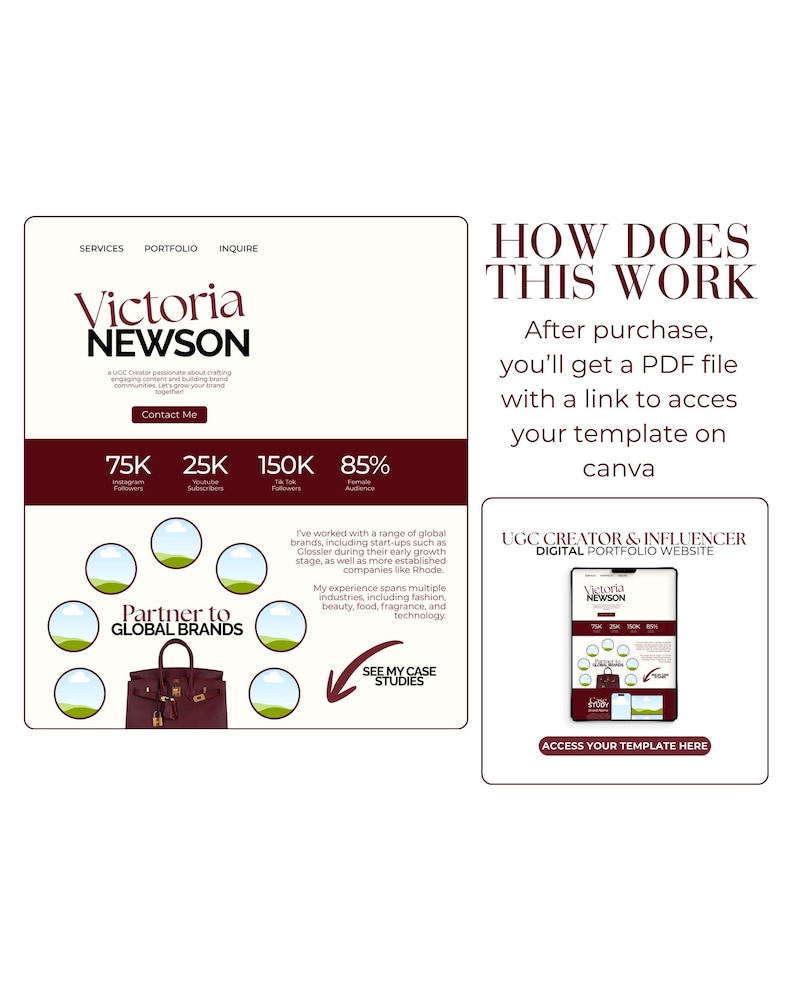 May include: A digital portfolio website template with the name "Victoria Newson" in a maroon and white color scheme. The template includes sections for services, portfolio, and inquiries, along with social media follower counts and a call to action.
