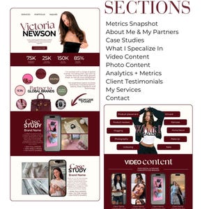 May include: A maroon and white digital marketing portfolio layout. The layout includes sections for metrics, case studies, video content, and services. The layout features images, text, and a headshot of Victoria Newson.