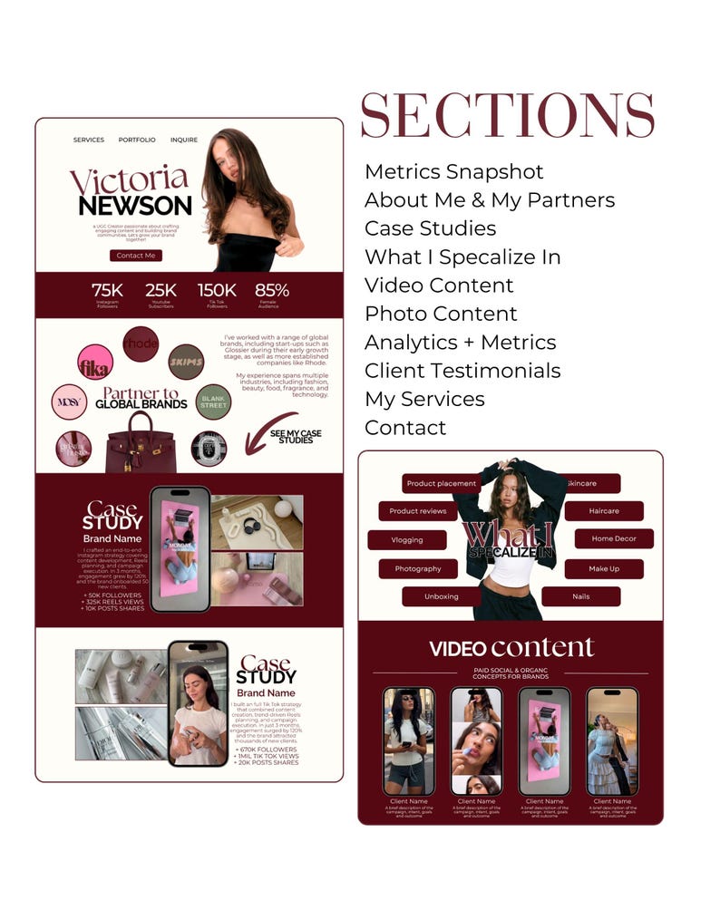 May include: A maroon and white digital marketing portfolio layout. The layout includes sections for metrics, case studies, video content, and services. The layout features images, text, and a headshot of Victoria Newson.