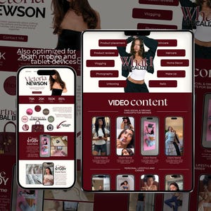 May include: A digital marketing website design featuring a woman and various mobile devices. The website showcases services like product placement, vlogging, and video content creation. The color scheme is primarily burgundy and white.