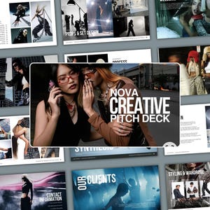 May include: A digital pitch deck presentation titled Nova Creative Pitch Deck featuring a central image of two individuals posing together. The layout includes various pages with fashion photography, text sections, and chapter headings like Process and Clients.