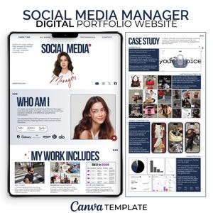 May include: A digital portfolio website template for a social media manager, featuring a layout with sections titled Who Am I, My Work Includes, and Case Study. The design includes text, headshots, and grid-based image displays for analytics.