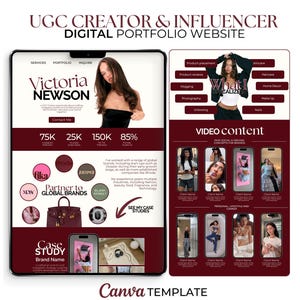 May include: Digital portfolio website template for a UGC creator and influencer, featuring Victoria Newson. The design includes sections for services, portfolio, and inquiries, with examples of video content and brand partnerships.