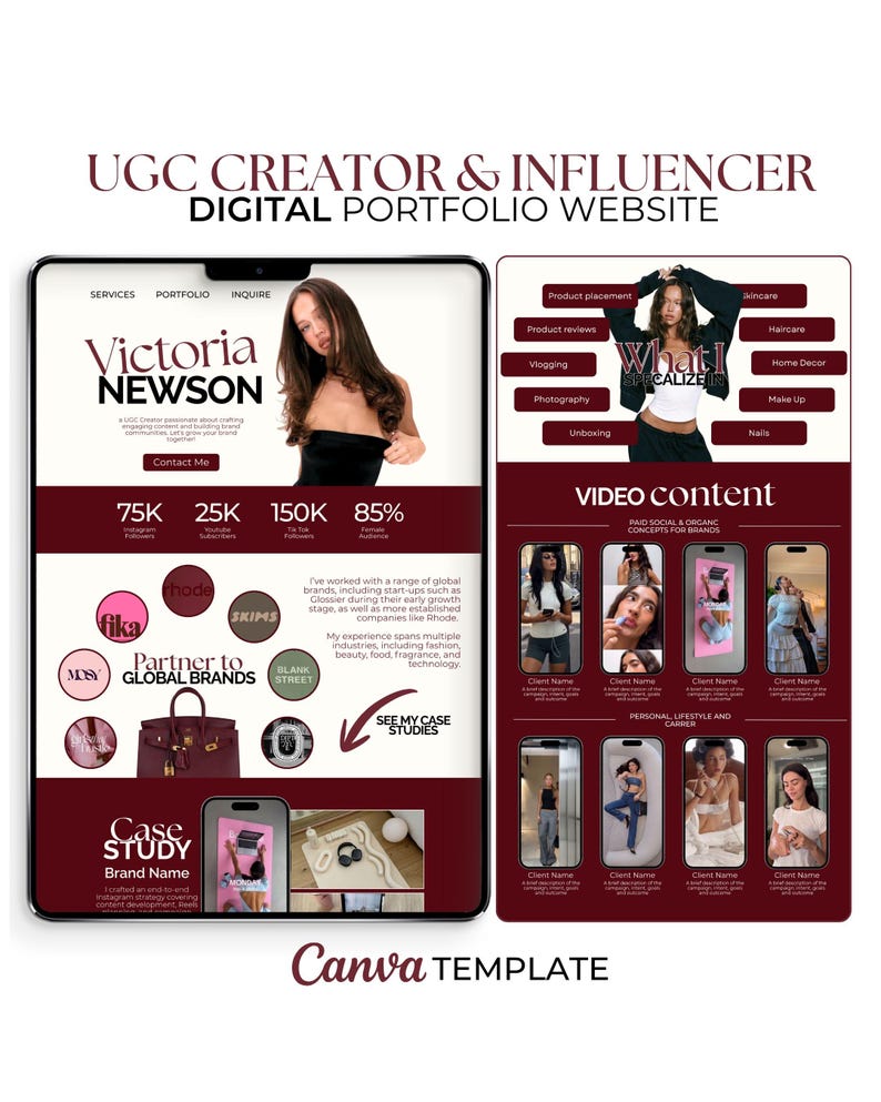 May include: Digital portfolio website template for a UGC creator and influencer, featuring a photo of Victoria Newson. The design includes sections for services, portfolio, and inquiries, with examples of video content and brand partnerships.