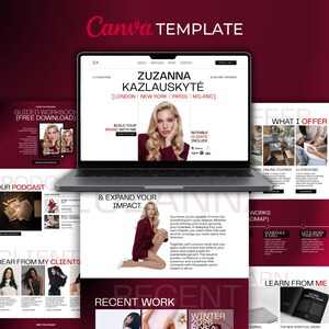 May include: A digital Canva template displayed on a laptop screen and surrounding pages, featuring a maroon and white colour scheme. The design includes sections for Zuzanna Kazlauskyté, coaching services, a podcast, client testimonials, and recent work.