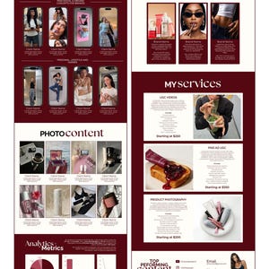 May include: A maroon and white graphic with text and images promoting content creation services. The graphic includes sections for video content, photo content, client testimonials, and analytics. The services include UGC videos, paid ad UGC, and product photography.