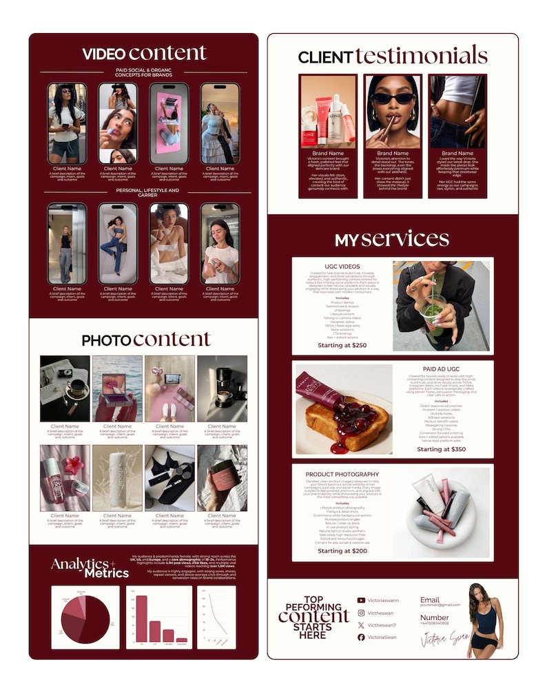 May include: A maroon and white graphic with text and images promoting content creation services. The graphic includes sections for video content, photo content, client testimonials, and analytics. The services include UGC videos, paid ad UGC, and product photography.