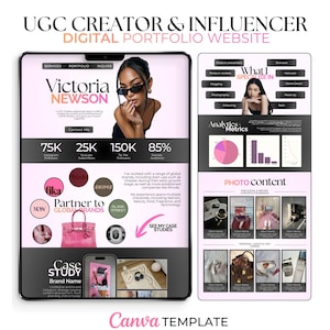 May include: Digital portfolio website template for a UGC creator and influencer. The design features a photo of a woman wearing sunglasses, along with sections for services, portfolio, and contact information. Includes analytics and photo content examples.