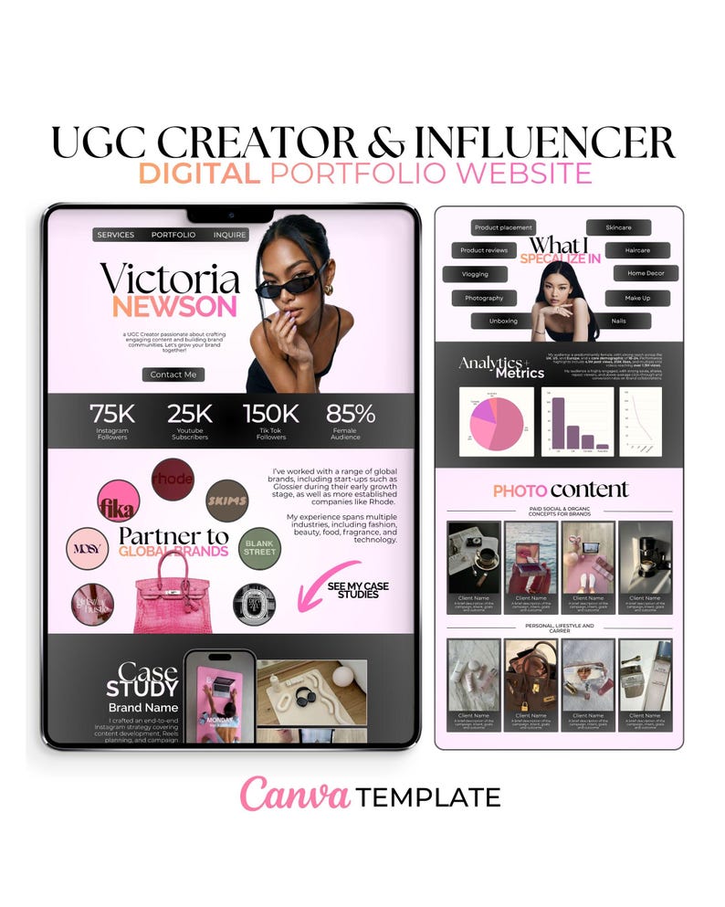 May include: Digital portfolio website template for a UGC creator and influencer. The design features a photo of a woman wearing sunglasses, along with sections for services, portfolio, and contact information. Includes analytics and photo content examples.