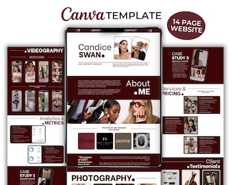 May include: A 14-page website Canva template featuring a dark maroon and white color scheme. The layout includes sections for videography, photography, an about me page with a creator profile, case studies, services, pricing, and client testimonials.