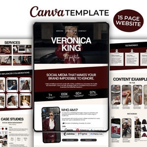 Peut inclure: Un modèle de site web Canva de 15 pages avec une palette de couleurs rouge foncé, noir et blanc. La mise en page comprend des sections pour les services, les témoignages, les collaborations d'influenceurs et des exemples de contenu.