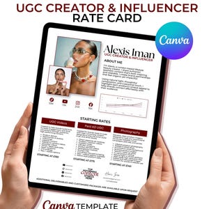 May include: A tablet displaying a rate card for a UGC creator and influencer, featuring the text "UGC Creator & Influencer Rate Card" and "Alexis Iman". The card details services like UGC videos, paid ads, and photography, with starting rates in British pounds.