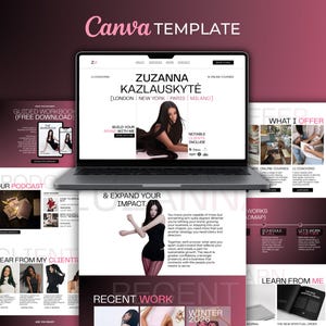 May include: A Canva template displayed on a laptop screen and surrounding printed pages, featuring a website design for Zuzanna Kazlauskytė. The layout includes sections for coaching, a podcast, client testimonials, and recent work, using a pink and black color scheme.