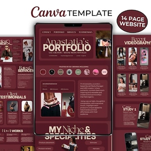 Può includere: Un modello di sito web Canva da 14 pagine con una combinazione di colori marrone scuro. Il layout include sezioni per portfolio, analisi, servizi, testimonianze dei clienti e casi studio, con segnaposto per immagini, testo e metriche social.