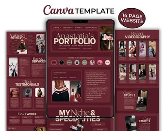 May include: A 14-page website Canva template featuring a dark maroon color scheme. The layout includes sections for a portfolio, analytics, services, client testimonials, and case studies, with placeholders for images, text, and social media metrics.