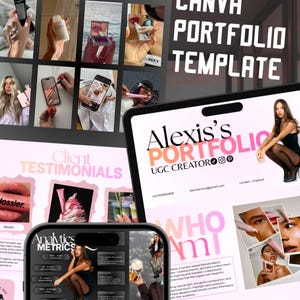 Könnte beinhalten: Eine Canva-Portfolio-Vorlage mit dem Text "Photography Snapshot" und "Canva Portfolio Template". Die Vorlage enthält Bilder von Schönheitsprodukten und einen Telefonbildschirm mit Analysen und Preisen.