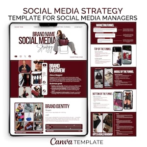 Pode incluir: Um modelo de estratégia de redes sociais para gestores de redes sociais com um layout em bordô e branco. O documento inclui secções para a visão geral da marca, identidade da marca e um funil de marketing com objetivos de conteúdo.