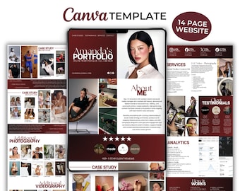 May include: A 14-page Canva website template featuring a dark red and white color scheme. The layout includes sections for a portfolio, about me, services, client testimonials, and analytics, with placeholders for images and social media metrics.