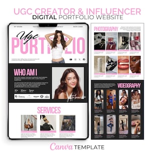 Op de afbeelding: Een digitale portfolio-websitetemplate voor UGC-makers en influencers, met secties voor fotografie en videografie. De lay-out bevat roze en zwarte tekst, merklogo's en tijdelijke aanduidingen voor afbeeldingen, klantnamen en diensten.