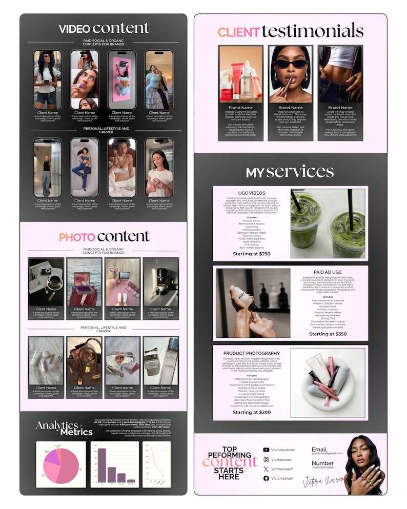 May include: A promotional graphic with the text "VIDEO content" and "PHOTO content" showcasing social media and organic content concepts for brands. Includes client testimonials, service details, and contact information.