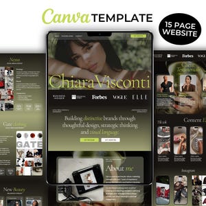 Op de afbeelding: Een 15-pagina tellende Canva-websitetemplate met een donkergroen en zwart kleurenschema. Het ontwerp bevat secties voor een portfolio, klantgetuigenissen, inhoudsvoorbeelden en social media-strategie, met tekstkoppen zoals Chiara Visconti.