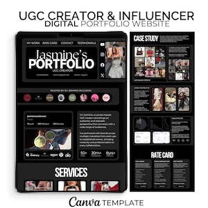 May include: A digital portfolio website template for a UGC creator and influencer, featuring a dark theme with sections for case studies, an Instagram feed, video content, analytics, and a rate card. The layout includes text, icons, and images.