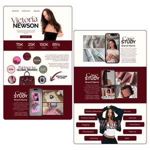May include: A maroon and white graphic design for a social media marketing business. The design includes a woman's portrait, case studies, and icons for skincare, haircare, and makeup.