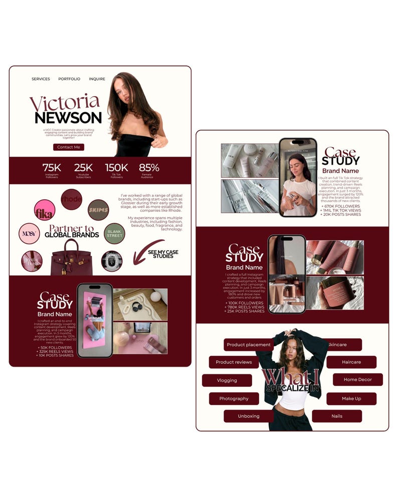 May include: A maroon and white graphic design for a social media marketing business. The design includes a woman's portrait, case studies, and icons for skincare, haircare, and makeup.