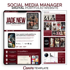May include: A digital portfolio website template for a social media manager. The design features a tablet displaying the website's content, including case studies, testimonials, and contact information. The color scheme is primarily white, black, and burgundy.
