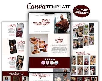 May include: A Canva template for a 14-page website featuring a social media manager portfolio. The layout includes sections for case studies, client testimonials, recent photography, and video work, all presented in a dark red and white color scheme.