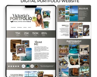 May include: A digital portfolio website template for a UGC travel creator and influencer. The design features a tablet displaying a portfolio with travel photos, statistics, and the text "Victoria's PORTFOLIO". The template includes sections for case studies, testimonials, and contact information.