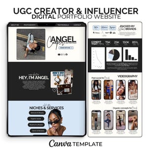 May include: A digital portfolio website template for a UGC creator and influencer. The design features a black and white colour scheme with sections for photography, testimonials, and contact information. The template includes the text "UGC CREATOR & INFLUENCER DIGITAL PORTFOLIO WEBSITE".