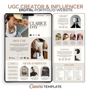 Könnte beinhalten: Digitale Portfolio-Website-Vorlage für einen UGC-Ersteller und Influencer. Das Design zeigt ein Tablet, das ein Website-Layout mit Abschnitten für "Über mich", "Nische & Dienstleistungen" und "Testimonials" anzeigt. Das Farbschema ist neutral mit einem Hauch von Beige.