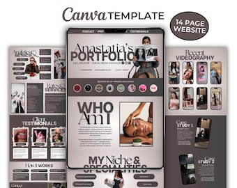 May include: A digital Canva template for a 14-page website portfolio featuring a neutral color palette. The layout includes sections for analytics, rates, services, client testimonials, and case studies, with placeholders for images and text.