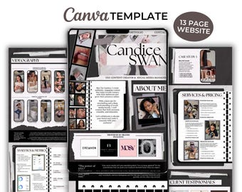 May include: A digital Canva template for a 13-page website featuring a dark and white aesthetic. The layout includes sections for videography, about me, case studies, services, pricing, analytics, and testimonials with placeholders for images and text.