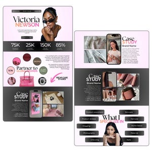 May include: A promotional graphic for Victoria Newson, featuring a headshot and statistics. The design includes case studies, brand logos, and a list of services. The text highlights social media engagement and areas of expertise.