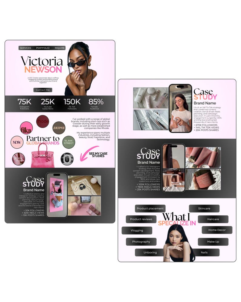 May include: A promotional graphic for Victoria Newson, featuring a headshot and statistics. The design includes case studies, brand logos, and a list of services. The text highlights social media engagement and areas of expertise.