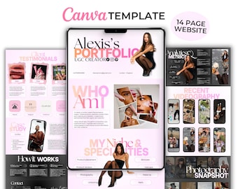 May include: A 14-page website Canva template featuring a portfolio for a UGC creator named Alexis. The layout includes sections for client testimonials, analytics metrics, recent videography, and niche specialties with pink and black accents.