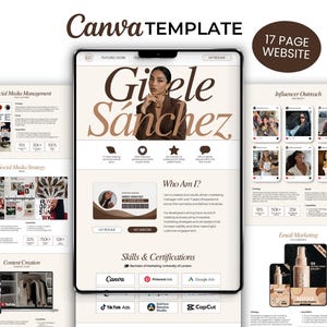 Könnte beinhalten: Eine 17-seitige Canva-Website-Vorlage in einer neutralen Farbpalette mit Beige- und Brauntönen. Das Layout zeigt professionelle Portfolio-Bereiche, darunter Social-Media-Management, Influencer-Outreach und E-Mail-Marketing-Strategien.