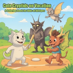 Op de afbeelding: Omslag van een kleurboek voor kinderen met de titel "Cute Cryptids on Vacation". De illustratie toont stripfiguren die op een zonnige dag honkbal spelen. Het boek is ontworpen voor kinderen van alle leeftijden.
