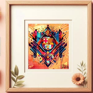 Peut inclure: Impression encadrée d'art géométrique coloré avec le blason du FC Barcelone au centre. L'œuvre d'art est principalement orange, bleue et rouge, avec les initiales et le nom de l'équipe visibles. L'impression est dans un cadre en bois clair.