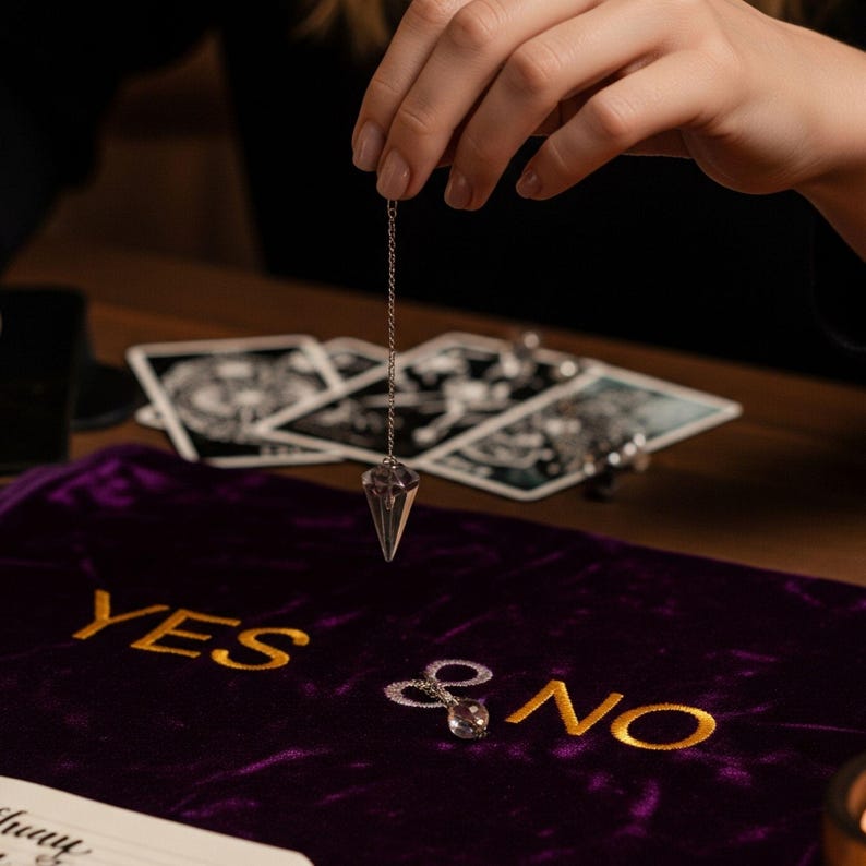 May include: A clear crystal pendulum suspended over a purple velvet cloth embroidered with "YES & NO" in gold. Tarot cards are visible in the background, suggesting a divination theme. The pendulum is held by a person.