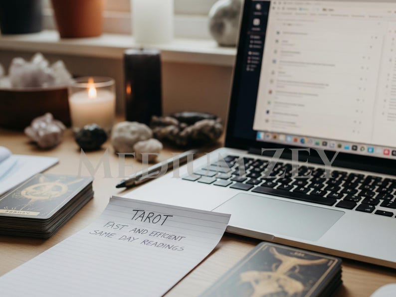 May include: A laptop, tarot cards, candles, and crystals are arranged on a wooden surface. A notepad reads "Tarot, Fast and Efficient, Same Day Readings." The laptop screen displays a website or application.