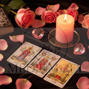 May include: A still life arrangement featuring tarot cards, pink roses, and a lit candle. Three tarot cards with the word "LOVE" are displayed. Pink rose petals and heart-shaped crystals surround the scene, creating a romantic and mystical ambiance.